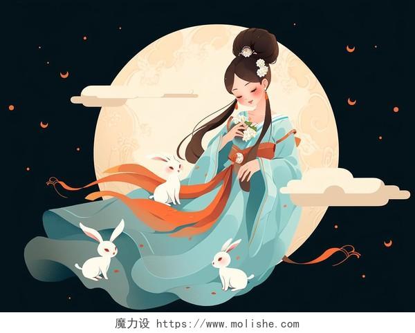 中秋节嫦娥玉兔月下插图卡通唯美手绘扁平古风人物插画壁纸